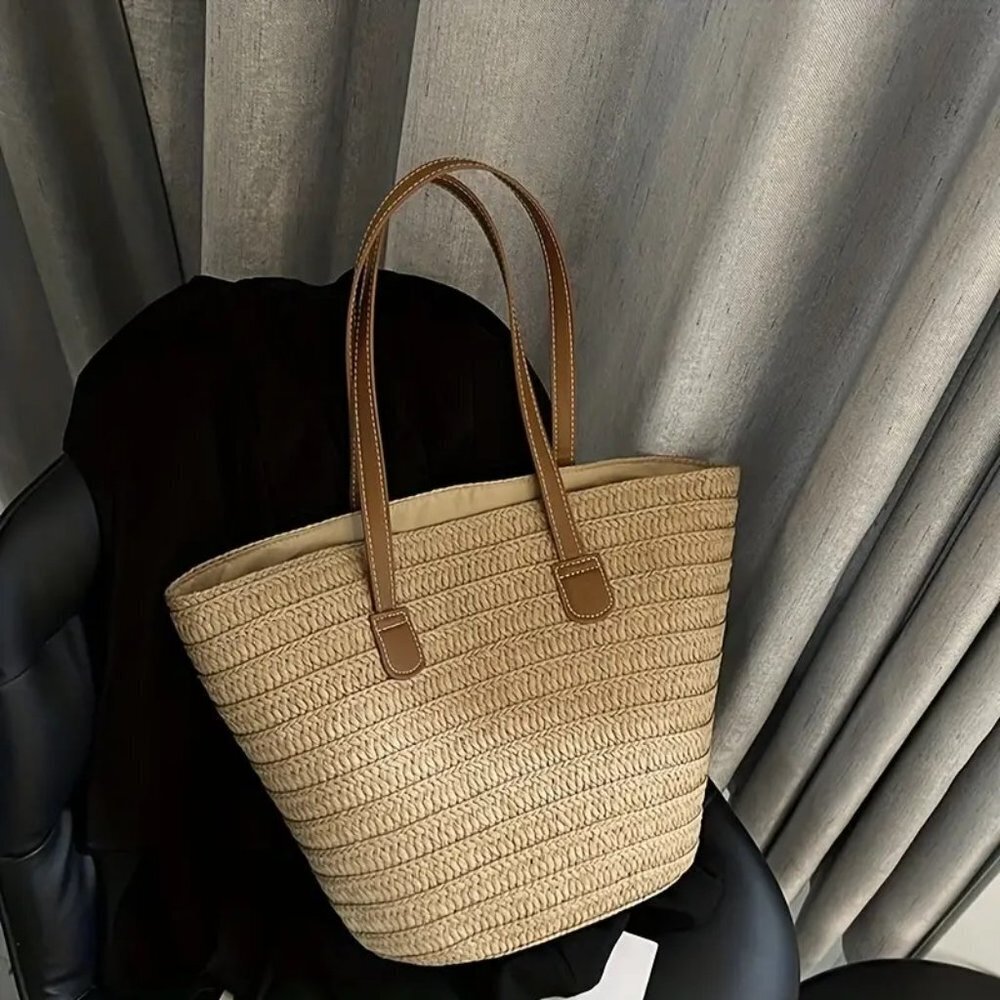 Travel Passions -Khaki Woven Straw Tote Bag - Picture 1 of 7